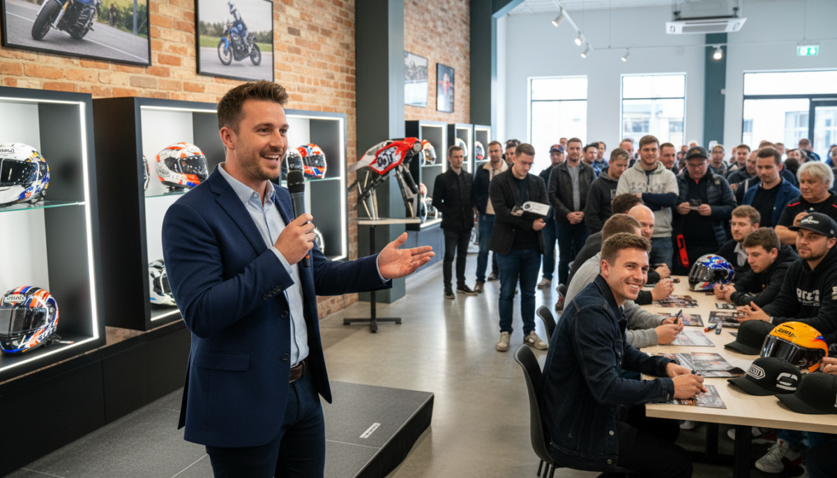 découvrez l'inauguration de la galerie shoei à birmingham, avec une intervention exclusive de dean harrison sur le tourist trophy (tt) et une séance de dédicaces spéciale avec storm stacey.