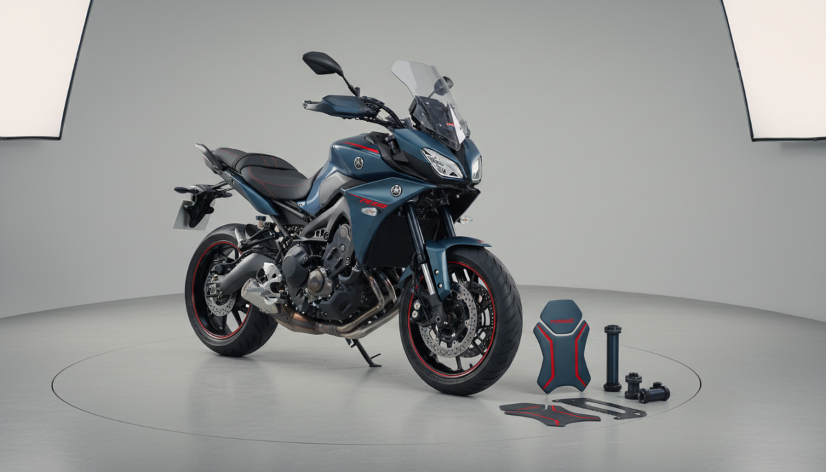 découvrez les accessoires colorés et assortis pour la yamaha tracer 9 gt, conçus par pyramid, alliant style et fonctionnalité pour personnaliser votre moto.