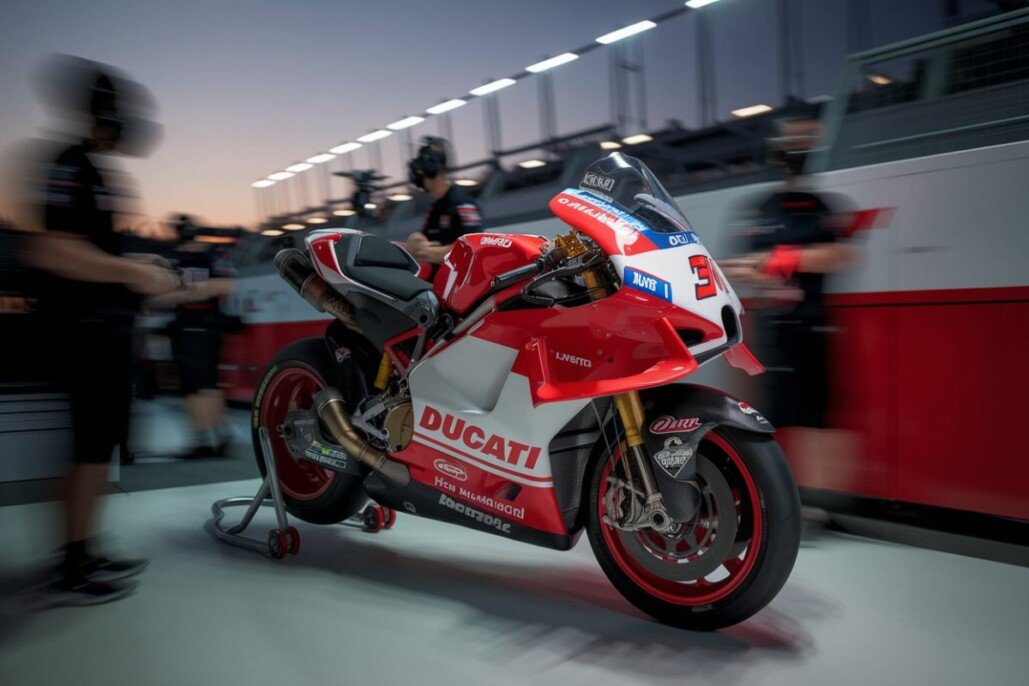 Marc Marquez près d’une Ducati MotoGP au parc fermé